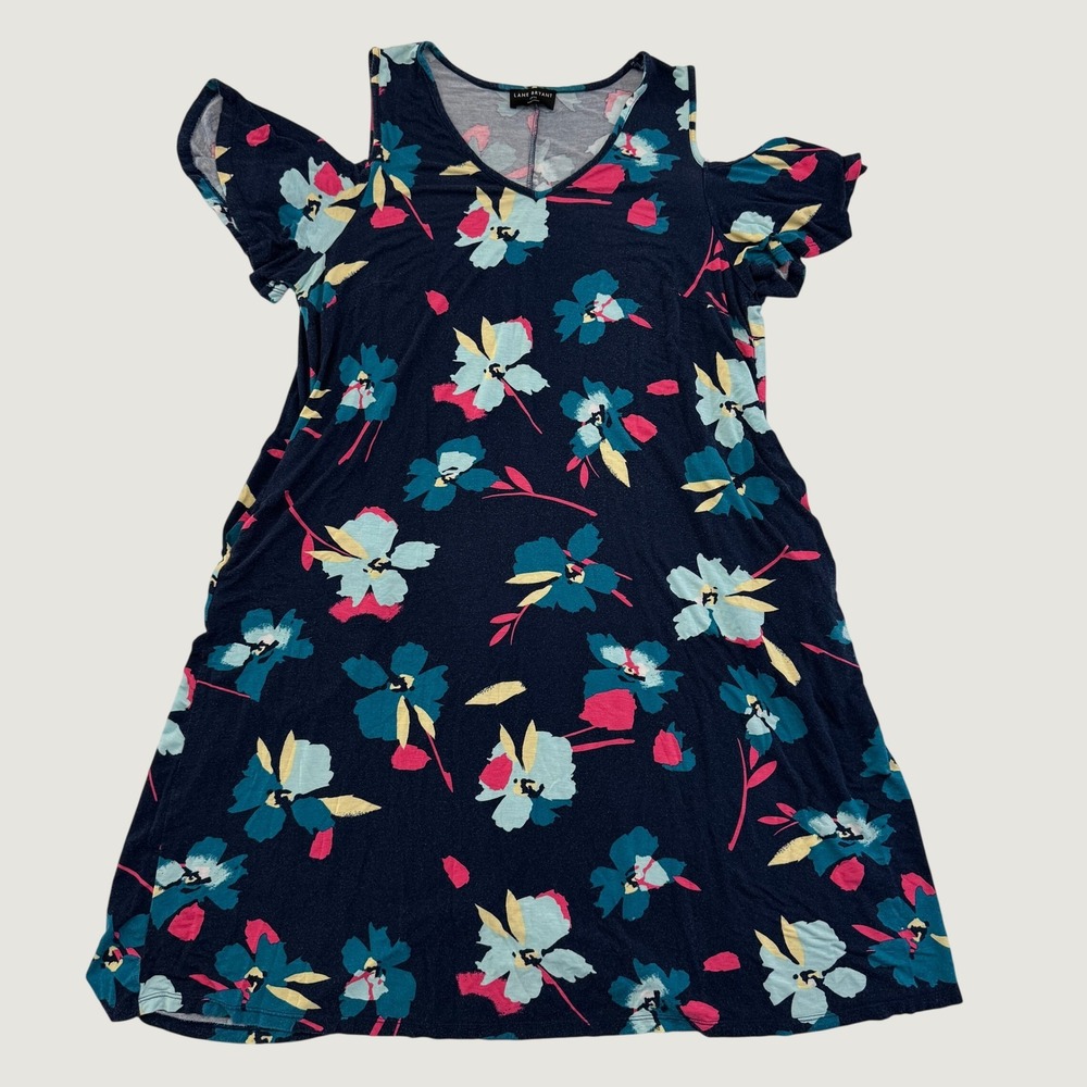 Lane Bryant Womens 14/16 Navy Floral Cold Shoulder V-Neck Swing Dress Plus